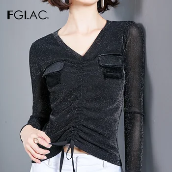 

Women shirt Fashion casual long sleeve Mesh t-shirt V-Neck pocket women tops and shirt plus size blusas