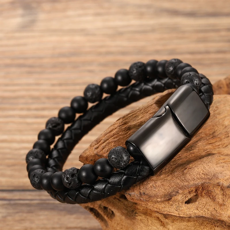 Charm Men Bracelet Rope Stainless Steel Magnetic Natural Stone Leather Beaded Braclet Volcanic Stone bracelet bangles Chain Gift bracelet jewelry leather bracelets shell charm bracelets