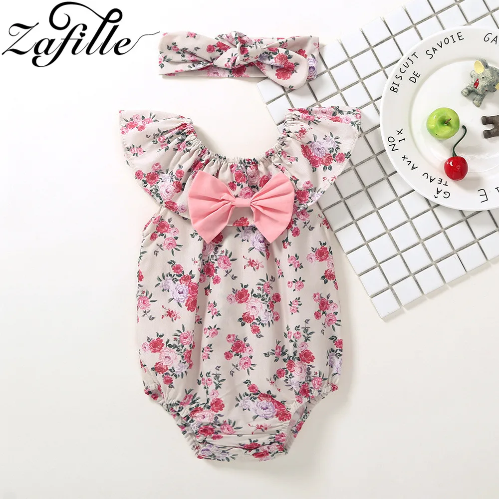 

ZAFILLE Summer Baby Romper Sleeveless Newborn Baby Girls Clothes With Bow Tie Floral Printed Baby Jumpsuit Cotton Girls Clothing