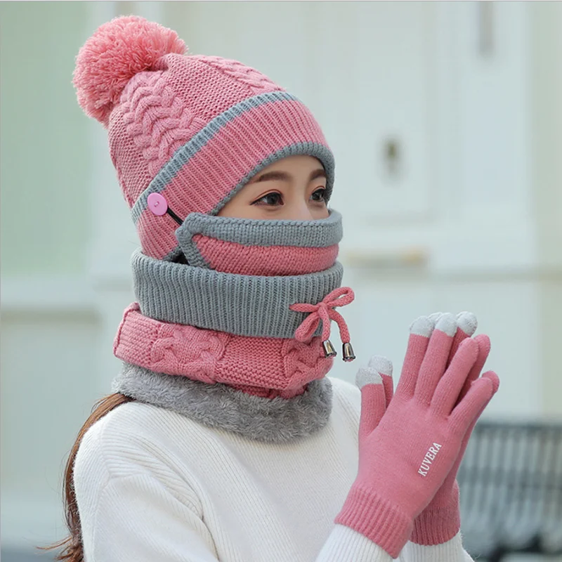 pink-glove hat set 1 шт., шапка, набор перчаток, повседневные шапочки для мужчин и женщин, теплая вязаная зимняя шапка, модная однотонная унисекс шапка бини, шапка - Цвет: pink-glove hat set