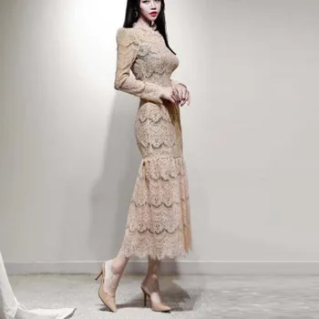 

Casual Fashion O Neck Dress New Korean Lady Retro Lace Stitching Loose Dress Long Sleeve Slim Dress Vestidos