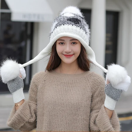 HT2685 толстые теплые зимние аксессуары для женщин вязанная шапка с кроличьим мехом перчатки набор женские ушные лоскуты шапка шарф женский ветрозащитный зимний комплект - Цвет: Белый