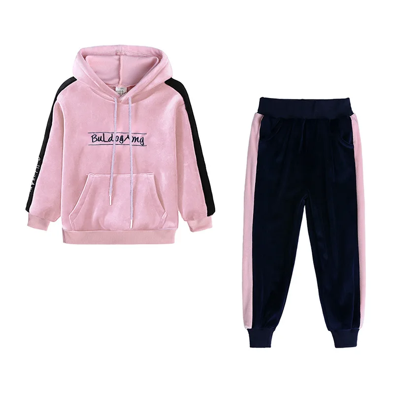 Осенний комплект одежды для девочек, бархатное худи, детские спортивные штаны, детская спортивная одежда в стиле пэчворк - Цвет: pink