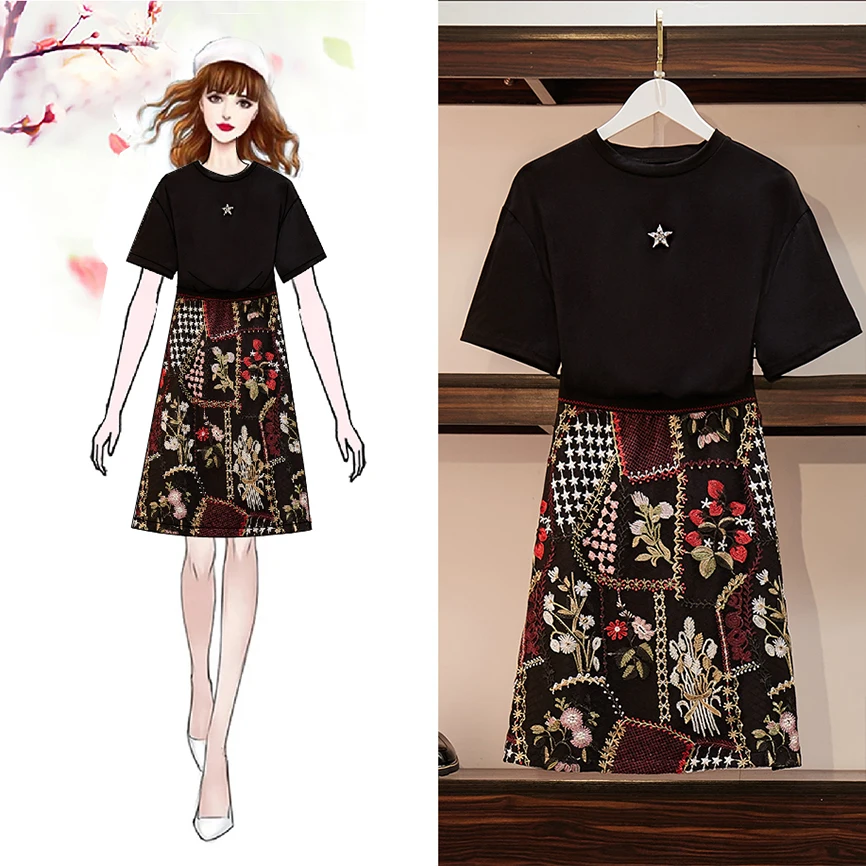 

Big Size Women's Suit, Fat Mm Summer Suit, Pentagon T-ham + Heavy Industries Embroidery Package, Buttock Half-length Skirt, Net