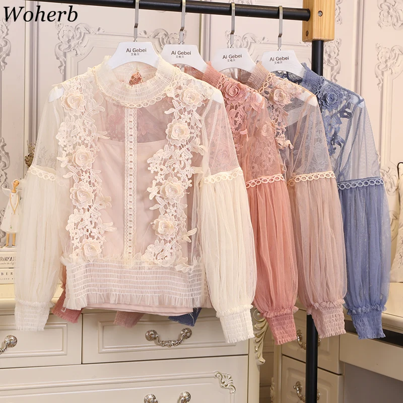 

Woherb New Women Blouse Lantern Sleeve Turtleneck Lace Flower Appliques Patch See Through Top with Vest 2020 Summer 25451