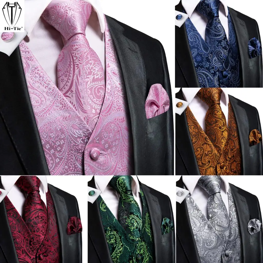 Hi-Tie Vintage Silk Mens Suit Vests Pink Orange Grey Purple Green Waistcoat Tie Hanky Cufflink Set