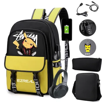 

NEW Anime backpack Password lock + USB charging backpack Pokemon pikachu bookbag backpack women School bags for boys and girls