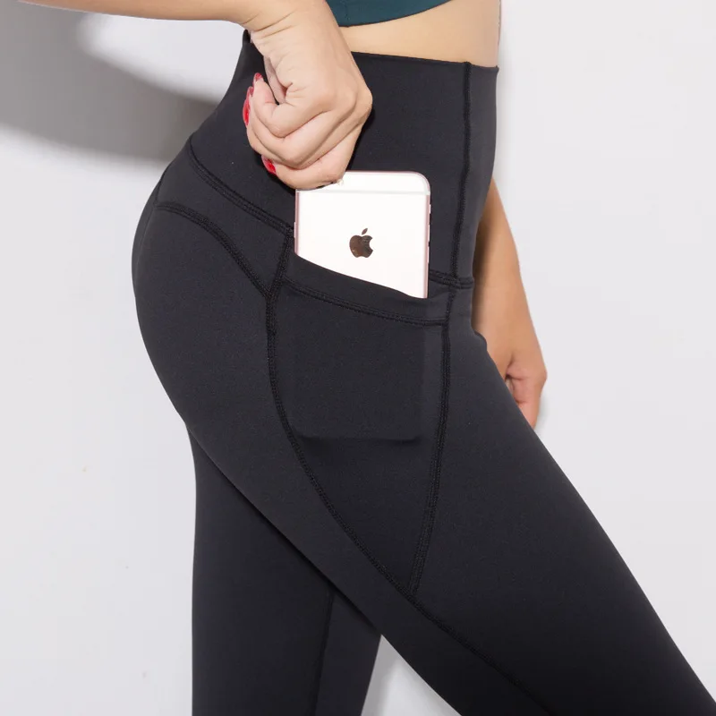 Онлайн хит продаж, спортивные штаны для бега и йоги, одноцветные обтягивающие спортивные Леггинсы с карманами для мобильного телефона