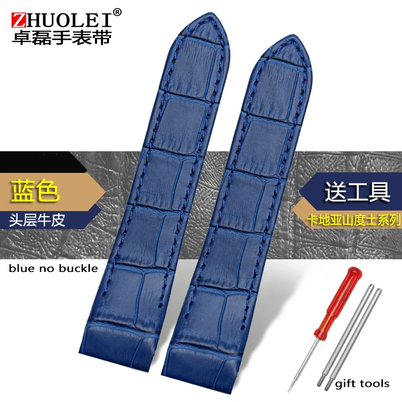 20MM 23MM Crocodile-pattern cowhide strap with butterfly buckle for Cartier Santos men's and women's leather strap - Цвет ремешка: blue no buckle