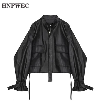 

2019 Korean Version Of Loose Collar Leather Jacket Female Spring New Zipper Drawstring Strap Leather Jacket F678