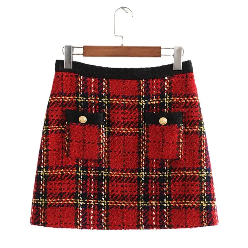 

Chic Pockets Buttons Tweed Skirts Women Fashion Casual Plaid Skirt Elegant Ladies A Line Mini Skirts Casual Faldas