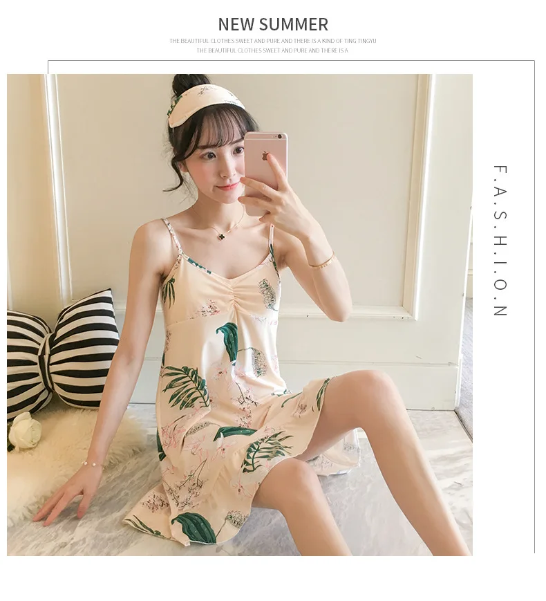 Hot Selling Multi-Hot Selling Qmilch Nightgown WOMEN'S Tank Top Thin with Chest Pad Eye Patch Cartoon Women's Household Skirt