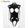 Women Porno Open Crotch Latex Bodysuit One-Piece Lace Trimmed Wet Look Leather Babydoll Nightwear Sexy High Neck Cupless Catsuit ► Photo 1/6