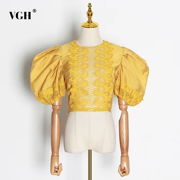 

VGH Elegant Hollow Out Women Short Shirt O Neck Puff Half Sleeve Short Patchwork Lace Blouses For Female Clothing 2020 Fashion