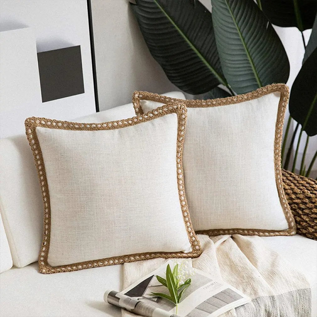 

Hemp Rope Edging Middle Hemp Lotus Leaf Thick Linen Fabric Embracing Pillowcase For Decorative Couch Bedroom Car