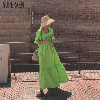 

SuperAen Summer 2020 New Long Dress Women Korean-style Pluz Size Cotton Linen Ladies Dress Square Collar Women Clothing