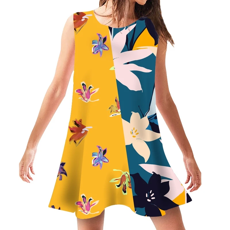 

New Patchwork Plant Print Dress Female Casual Sleeveless Dresses Swing Loose Sundress Women Clothing Camisas Mujer