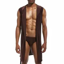 Мужские летние ледяные шелковые кимоно Банный халат с капюшоном без рукавов открытый передний легкий сплошной цвет пижамы с поясом