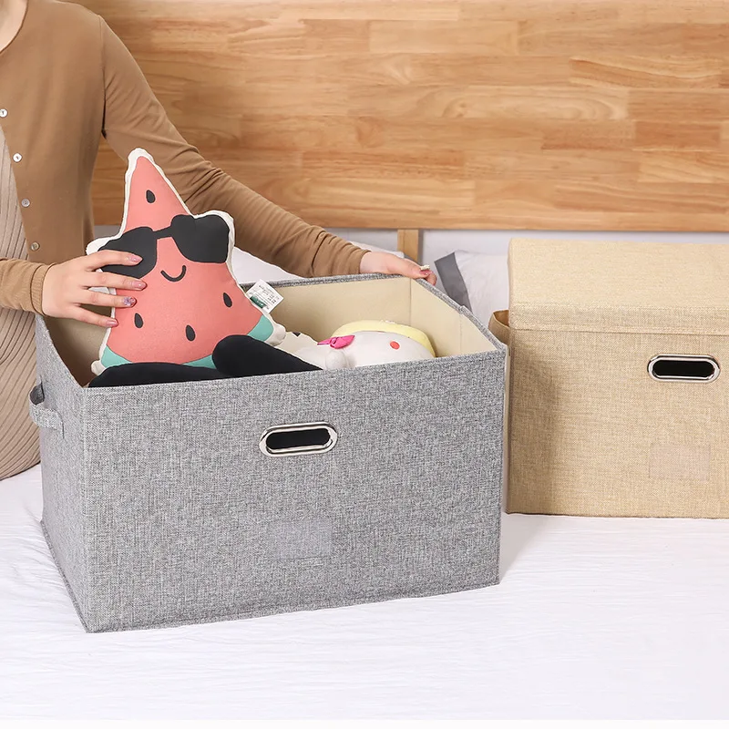 

14.9"x9.8"x9.8" Linen Fabric Collapsible Storage Bins with Removable Lids and Handles, Containers Baskets Cube with Cover
