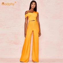 Autumn New Sexy Orange Women's Bandage Set Sleeveless Top& Wide Leg Pants 2 Two-piece Bodycon Celebrity Party Set Jumpsuit