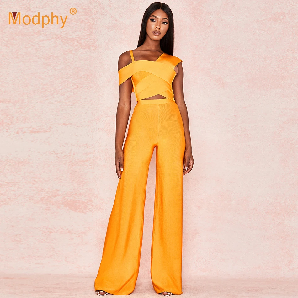 

2019 Autumn New Sexy Orange Women's Bandage Set Sleeveless Top & Wide Leg Pants 2 Two-piece Bodycon Celebrity Party Set Jumpsuit