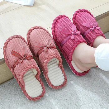 

Winter Home Slippers Women Breathable Warm Cotton Slippers Men Bow-knot Plush Lined Shoes Couples Anti-slip Soft Bottom Solid