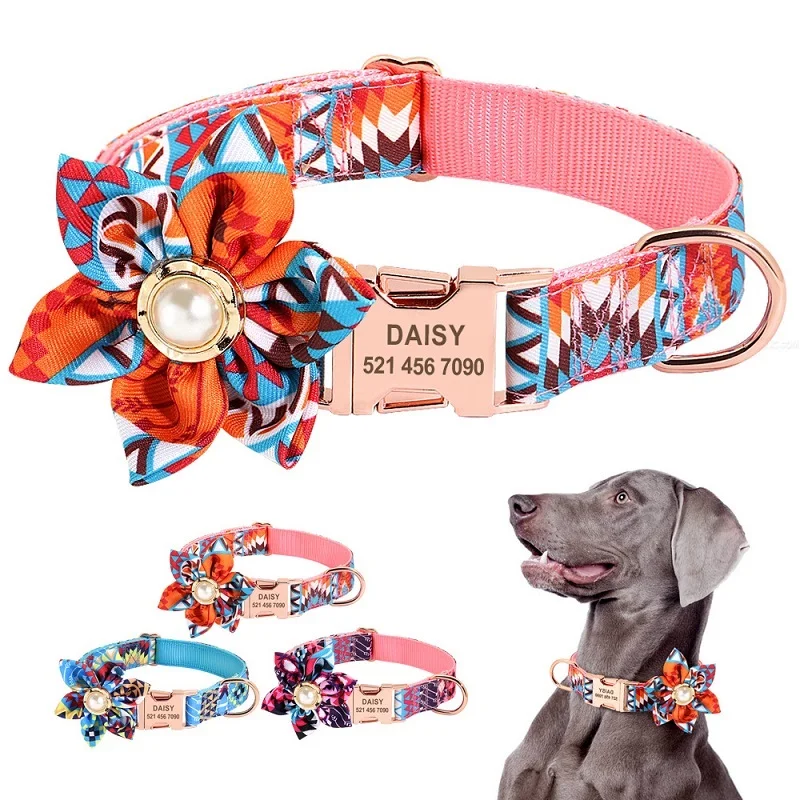 

Personalized Cat Dog Collar Custom Pet Tag Collar with Flower Puppy Nameplate ID Collar For Small Medium Large big Dogs Engraved