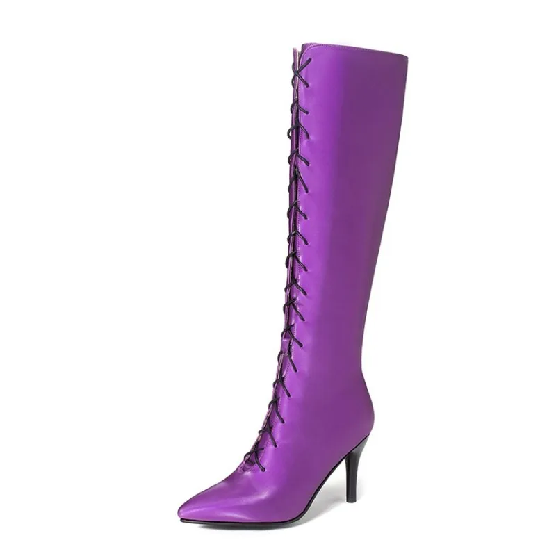 

KALENMOS Knee High Boots Women High Heel Cross-tied Motorcycle Boots Ladies Thin Heel Pointed Toe Winter Boots Plus Size 33-46