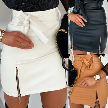 

2019 Autumn Winter Women Skirt PU Leather Sexy Mini Skirt With Pockets Zipper Hem Elegant Package Hip High Waist Female Clothing