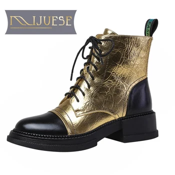 

MLJUESE 2021 women ankle boots soft Cow leather winter short plush lace up round toe high heels equestrian boots party dress