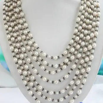 

Free shipping 7ROW WHITE ROUND CULTURED PEARL Smoky topaz faceted NECKLACE