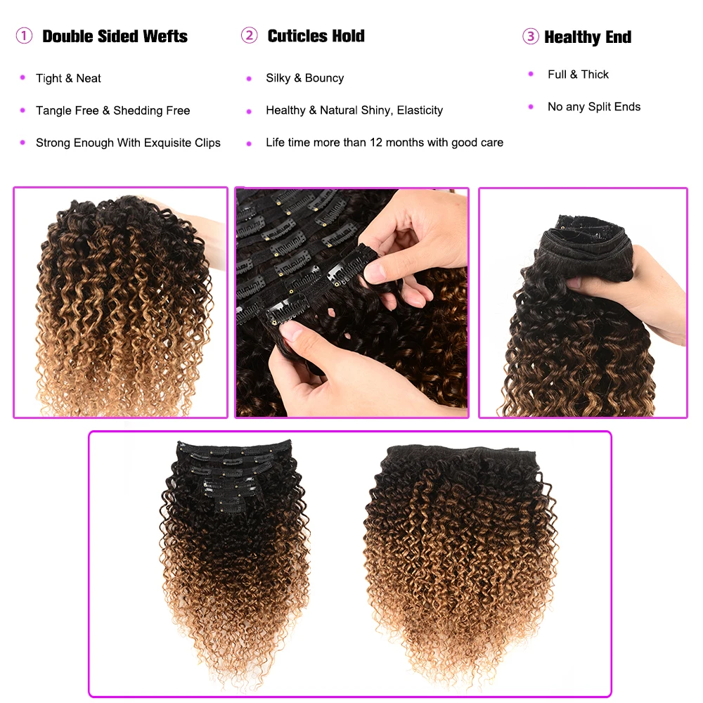 ShowCoco Human Hair Clip In Extensions T1b/4/27 Color Curly Clip Ins Machine-made Remy Hair 10-24 I