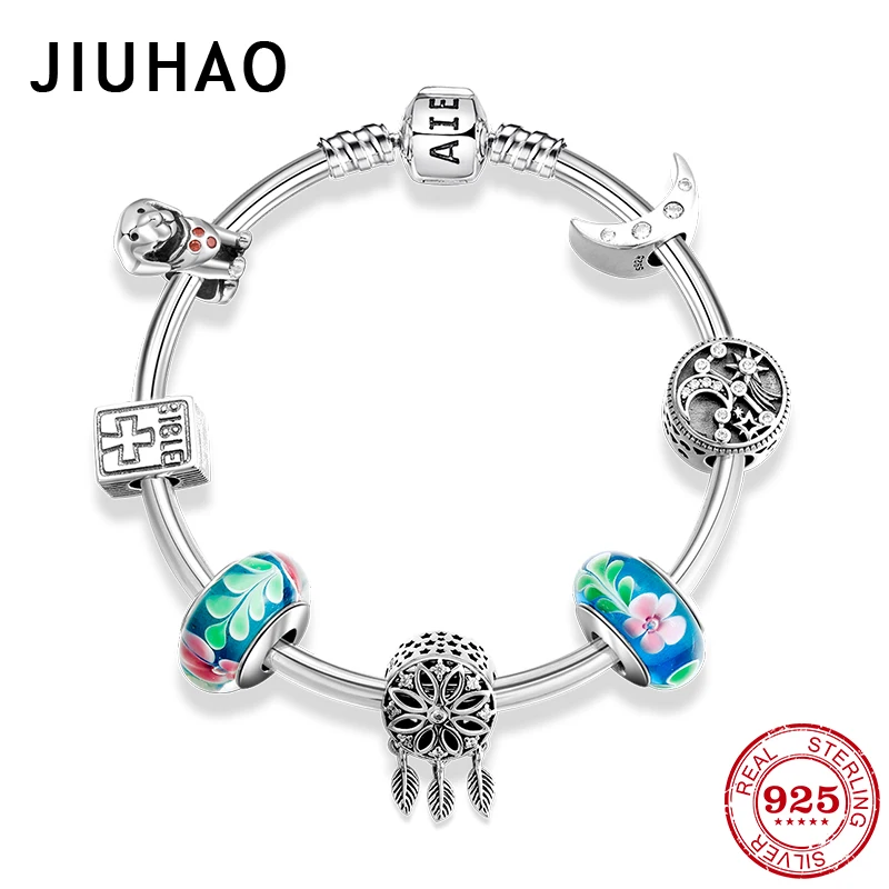 

925 Sterling Silver Dreamcatcher pendant charms Flowers Murano Glass beads Fashion woman Bracelet Bangles Luxury Jewelry Gift