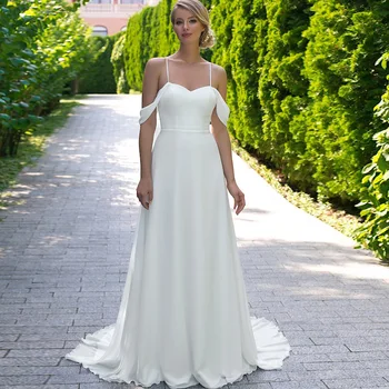 

Simple Spaghetti Straps Chiffon Beach Wedding Dress White Ivory Backless Robe de Mariage Boho Bridal Gown