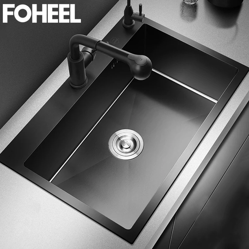 

FOHEEL Black Kitchen Sink Single Bowl Handmade Above Counter Or Udermount Vegetable Washing Black Sink Stainless Steel FKS07