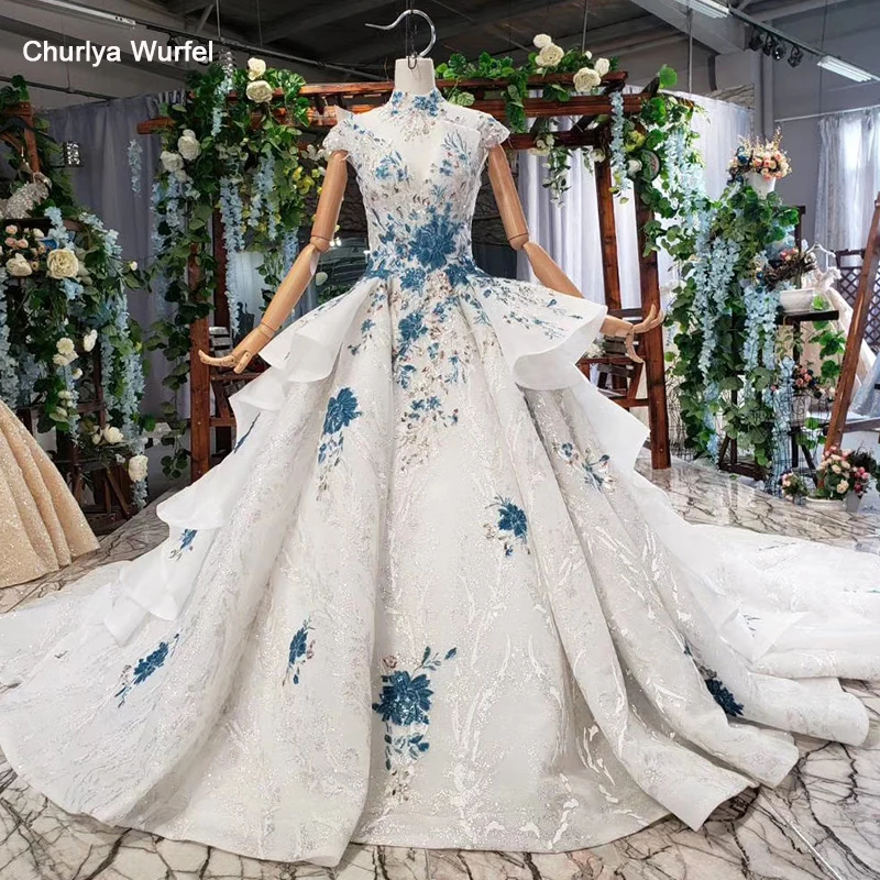 HTL792 Свадебные платья с голубыми цветами бальное платье расцветка юбки с высоким вырезом Свадебные платья для невесты