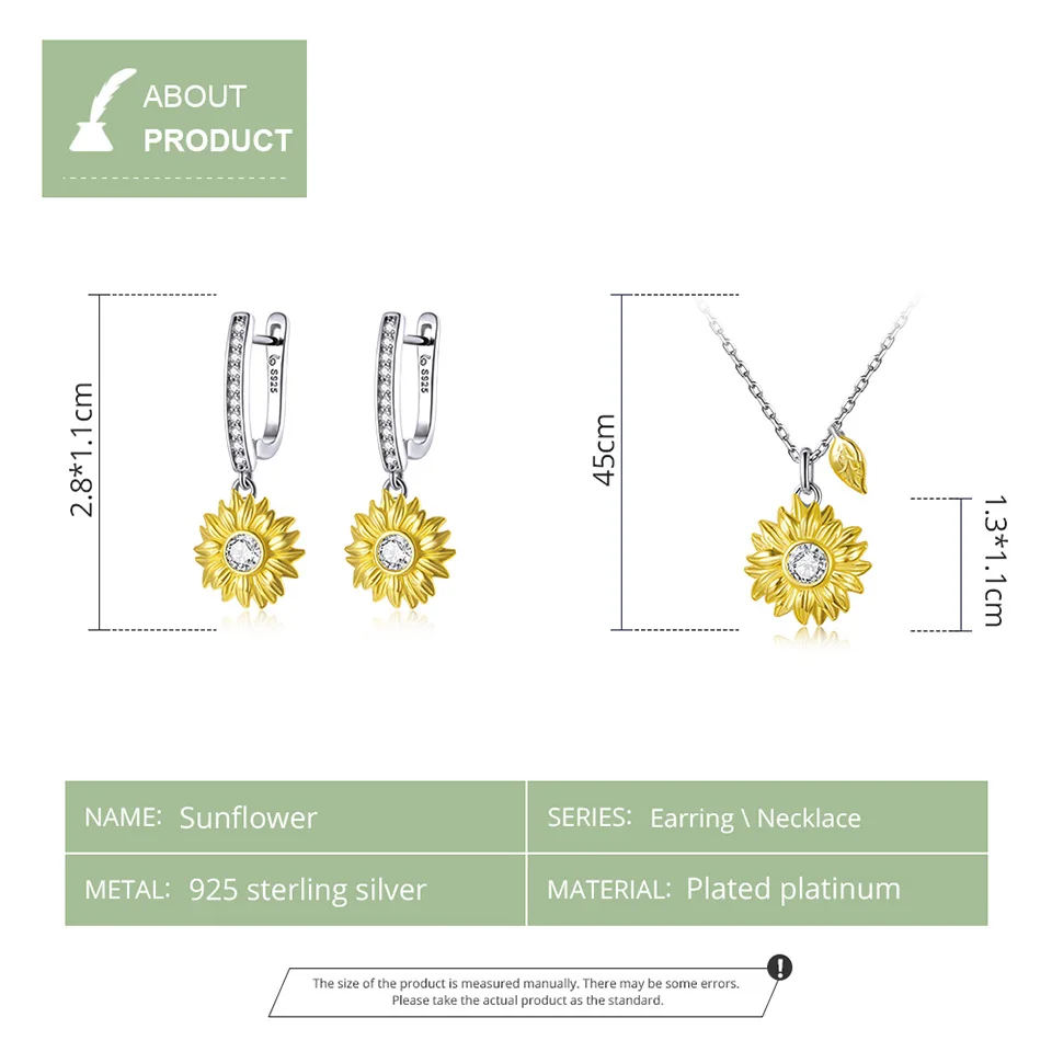 bamoer Silver Sunflower Jewelry Set 925 Sterling Silver Gold Color Lucky Necklace Earring Gift for Women Fashion Jewelry ZHS222 Jewellery Brand Name: bamoer