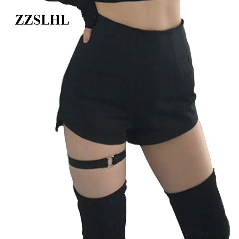 ZZSLHL Chic Ring Garter Skinny Shorts High Waist Women Summer Black Goth Girls Shorts Harness Thigh Belt Strap Sexy Punk Shorts black denim shorts