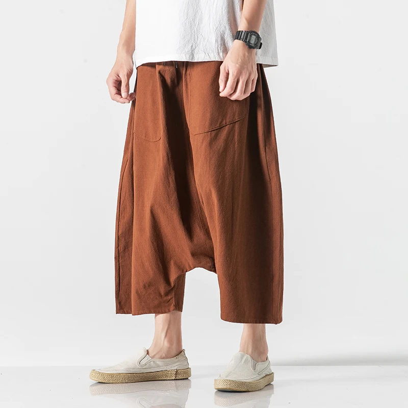 Mens Wide Crotch Harem Cotton Linen Wide-Legged Bloomers Baggy Cropped Trousers