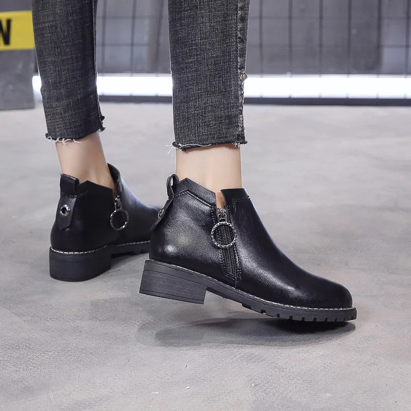 Large Size Woman Martin Boots Spring Fashion Casual Low-heeled Short Booties Non Slip Side Zipper Black Women's ankle Shoes
