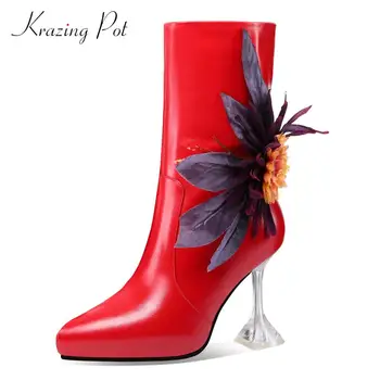 

Krazing pot hot fashion boots genuine leather flowers appliques pointed toe thin high heel zipper beauty lady mid-calf boots L67