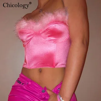 

Chicology fur satin boob tube crop top neon T-shirt sleeveless short t shirt 2019 autumn winter sexy party club tshirt clothes