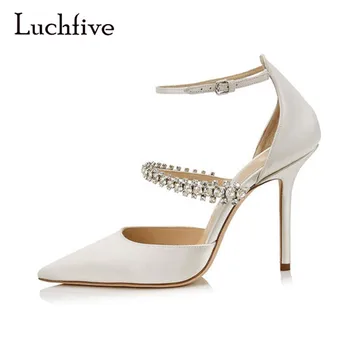 

Ivory White Wedding Shoes Elegant Crystal Embellished Pointed Toe High HeelsGenuine Leather Ladies Mary Janes Bridal Pumps Shoes