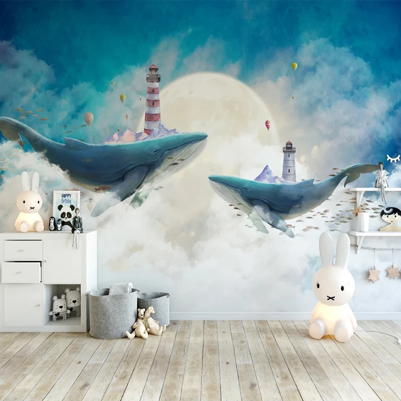 カスタム写真の壁紙北欧スタイル 創造的な手描きの壁紙 空 青 白 雲 漫画 クジラ 子供部屋 背景アート 壁紙 Aliexpress