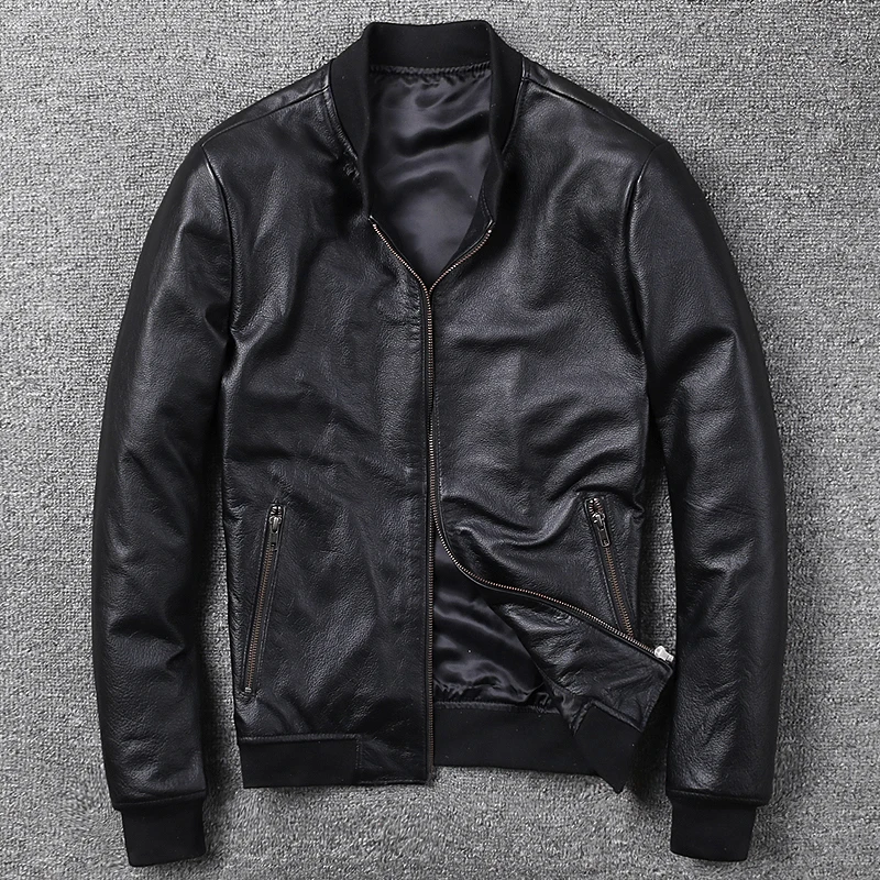 

Genuine Leather Jacket Men Real Cow Leather Bomber Jackets Spring Autumn Motocycle Plus Size Streetwear 2020 MF147