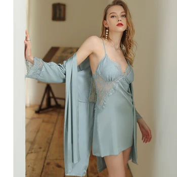 

Sexy Women Rayon Kimono Bathrobe Solid Color Bride Bridesmaid Wedding Robe Set Lace Trim Sleepwear Casual Home Clothes Nightwear