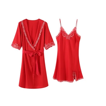 

Bride Bridesmaid Sexy Lace Trim Robes Satin 2PCS Sleepwear Elegant Nightgown Cosmetic Bath Gown Female Robe Set Kimono Bathrobe