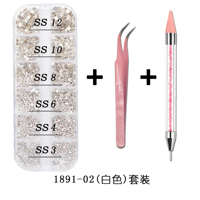 1Box Multi Size Glass Nail Rhinestones Mixed Colors Flat-back AB Crystal With tools 3D Charm Gems  Manicure Nail Art Decorations 03