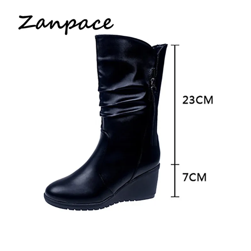 ZANPACE/новые зимние женские ботинки; обувь на танкетке с круглым носком; Ботинки Martin на высоком каблуке; модная обувь на молнии; большие размеры 35-42