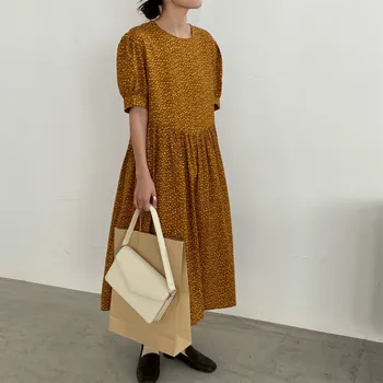 

Women Summer Round Collar A-line Yellow Long Floral Dress High Waist Ruffle Short Sleeve Dresses Lantern Sleeve